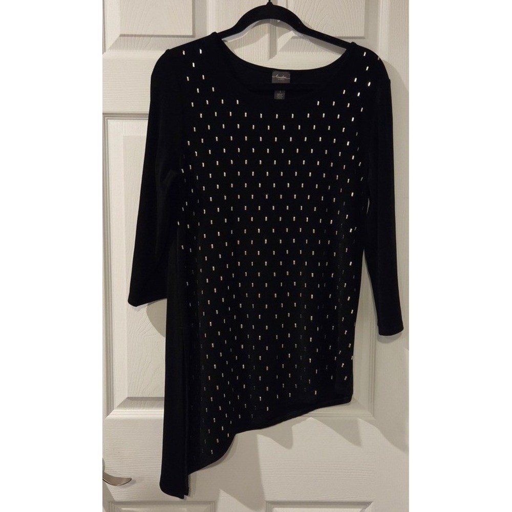 Travelers by Chicos Black Studded Asymmetrical Tunic Top Size 1 Medium 3/4 Slv